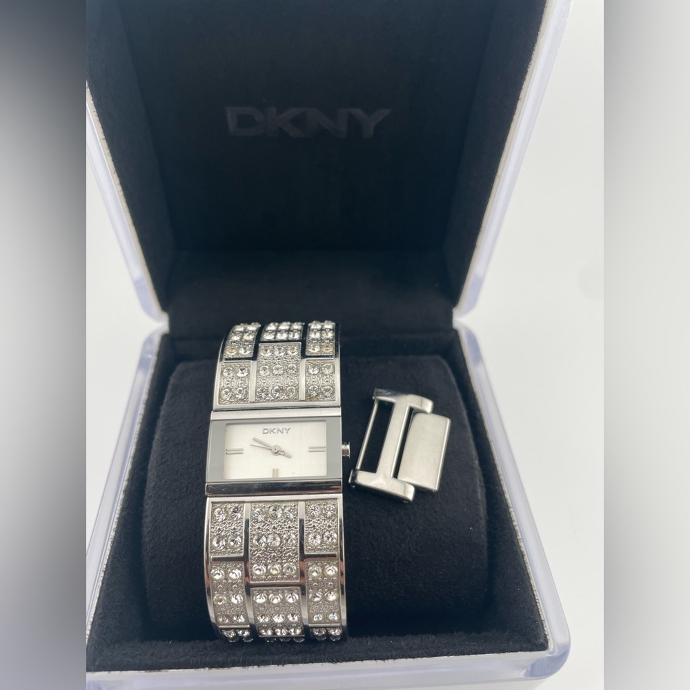 Vintage DKNY Crystal Pavé Cuff Watch Silver | Box + Link